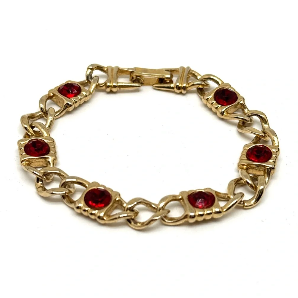Vintage Goldtone Link Bracelet with Red Rhinestones